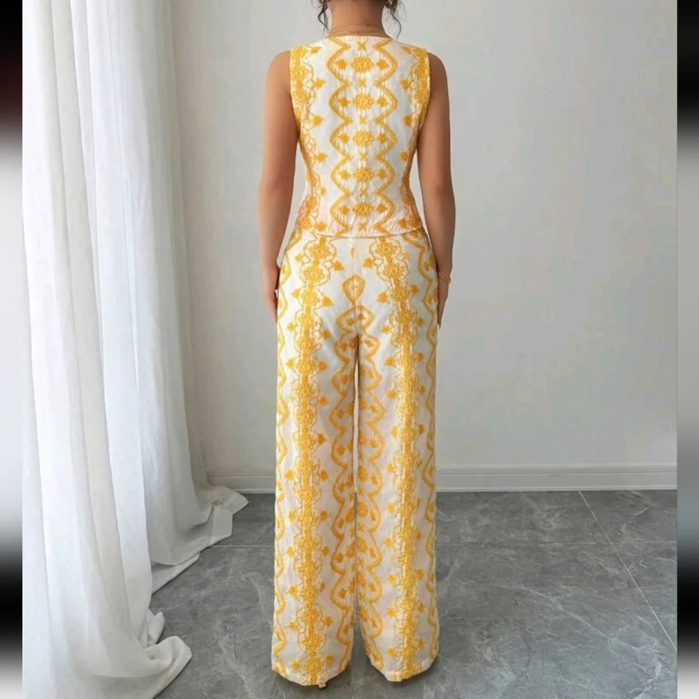 2pcs/Set Vacation Casual Embroidery V-Neck Vest And High Waist Wide Leg Pants - Picture 2 of 5